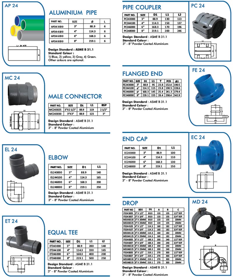 Aluminum Pipes, Pipe coupler, Male connector, Flanged end, elbow, end cap, equal tee, drop, Dealer